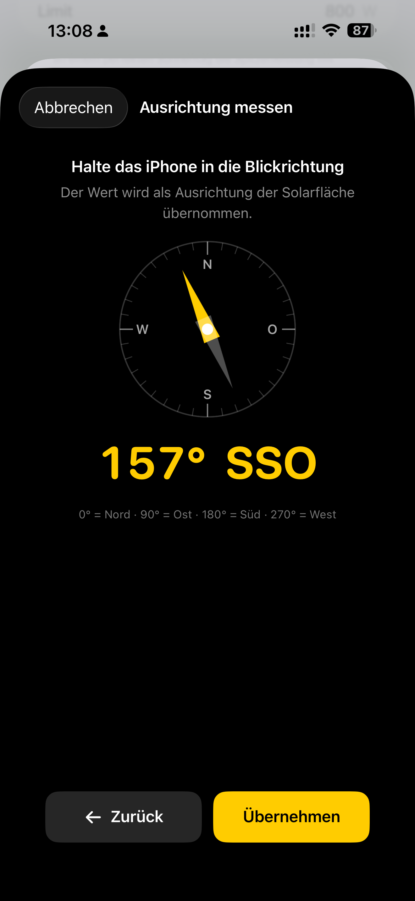 Ausrichtung einer Solarfläche mit dem iPhone-Kompass bestimmen
