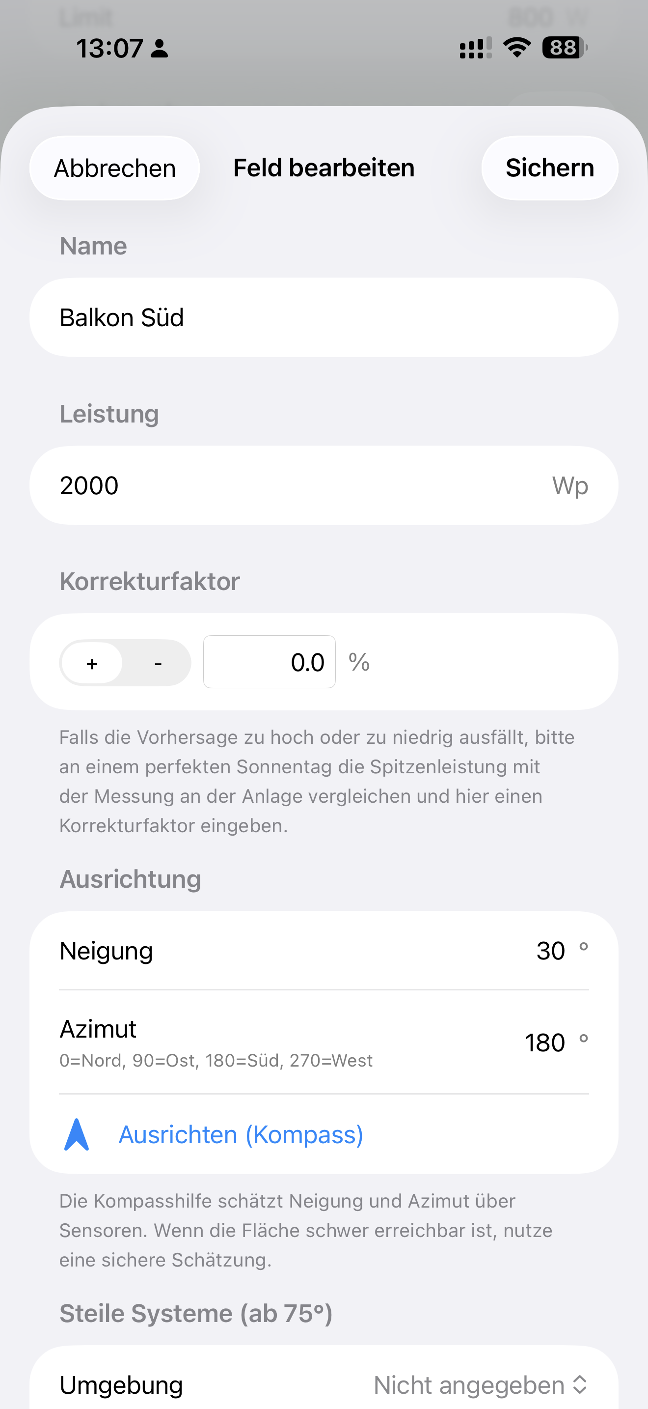 Konfiguration eines PV-Felds mit Leistung, Neigung und Azimut